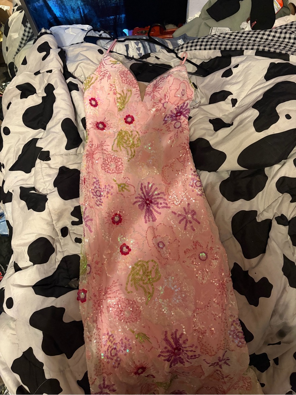Pink Sequin Floral Prom Dress